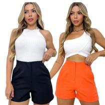 Kit 2 Bermudas Em Alfaiataria Básico Feminino Casual Com Bolsos Zíper Frontal - DMB MODA