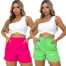 Kit 2 Bermudas Em Alfaiataria Básico Feminino Casual Com Bolsos Zíper Frontal
