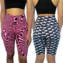 Kit 2 Bermudas Femininas Justas Cós Cintura Alta Estampas Sortidas Suplex Pp Ao Plus Size
