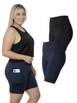 Kit 2 Bermudas Fitness Bolsos Laterais Para Celular Plus Size Cor:Azul Marinho+PretoTamanho:G2