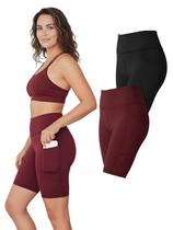 Kit 2 Bermudas Fitness Feminina Bolsos Laterais Para Celular Cor:Vinho+PretoTamanho:M