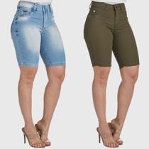 Kit 2 Bermudas Jeans HNO Jeans Ciclista com Elastano Azul-Verde Musgo