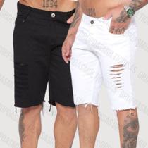 Kit 2 bermudas jeans modelo slim destroyed nas cores preto/branco Kit 2 bermudas jeans modelo slim destroyed nas cores preto/branco