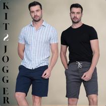 Kit 2 Bermudas Jogger Masculina Sarja Premium com Elastano e Cordão Ajustável