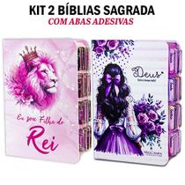 Kit 2 Bíblia Sagrada Evangélica Com Índice Abas Adesivas - Filha do rei e Menina Lilás C/ Harpa