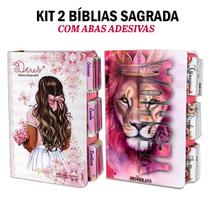 Kit 2 Bíblia Sagrada Evangélica Com Índice Abas Adesivas - Flores Aquarela e Yeshua Rosa C/ Harpa - REI DAS BIBLIAS