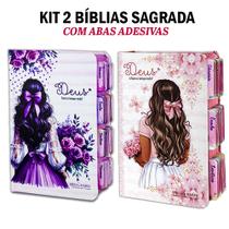 Kit 2 Bíblia Sagrada Evangélica Com Índice Abas Adesivas - Menina Lilás e Flores Aquarelas C/ Harpa Kit 2 Bíblia Sagrada Evangélica Com Índice Abas Adesivas - Menina Lilás e Flores Aquarelas C/ Harpa