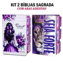 Kit 2 Bíblia Sagrada Evangélica Com Índice Abas Adesivas - Menina Lilás e Seja forte e corajosa lilás C/ Harpa