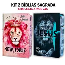 Kit 2 Bíblia Sagrada Evangélica Com Índice Abas Adesivas - Seja Forte E Corajosa e Leao judá C/ Harpa