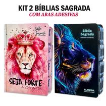 Kit 2 Bíblia Sagrada Evangélica Com Índice Abas Adesivas - Seja Forte E Corajosa e Raio azul C/ Harpa