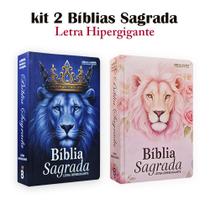 Kit 2 Bíblia Sagrada Hipergigante c/ Harpa Capa Dura 14x21 cm - Leão Azul e Flores Rosé
