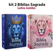 Kit 2 Bíblia Sagrada Jumbo c/ Harpa Capa Dura - Leão Azul e Flores Rosé Kit 2 Bíblia Sagrada Jumbo c/ Harpa Capa Dura - Leão Azul e Flores Rosé