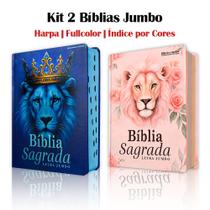 Kit 2 Bíblia Sagrada Jumbo c/ Harpa Capa Dura - Leão Azul e Flores Rosé Kit 2 Bíblia Sagrada Jumbo c/ Harpa Capa Dura - Leão Azul e Flores Rosé