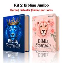 Kit 2 Bíblia Sagrada Jumbo c/ Harpa Capa Dura - Leão Azul e Flores Rosé