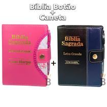 Kit 2 Bíblias Letra Grande Botão - Pink e Preto/Azul e Harpa