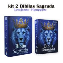 KIT 2 BIBLIAS Masculinas Letra Jumbo e Hipergigante c/ harpa e índice - Leão Azul Real