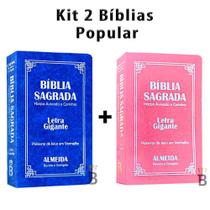 Kit 2 Biblias Sagrada Letra Gigante Luxo Popular- Azul e Rosa - Com Harpa - RC