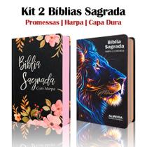 Kit 2 Biblias Sagrada Letra Gigante Luxo Popular - Black Flowers e Leão Raio Azul Com Harpa - RC