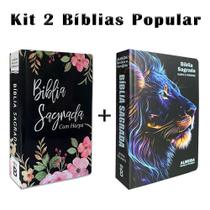 Kit 2 Biblias Sagrada Letra Gigante Luxo Popular - Black Flowers e Leão Raio Azul Com Harpa - RC - REI DAS BIBLIAS