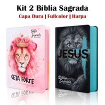 Kit 2 Biblias Sagrada Letra Gigante Luxo Popular - Leão de Judá e Seja Forte e Corajosa - Harpa - RC