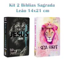 Kit 2 Biblias Sagrada Letra Gigante Luxo Popular - Leão de Judá e Seja Forte e Corajosa - Harpa - RC