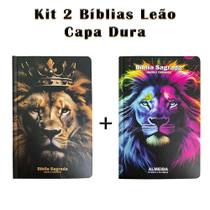 Kit 2 Biblias Sagrada Letra Gigante Luxo Popular - Leão Fortune e Leão Duo Color - Com Harpa - RC - REI DAS BIBLIAS