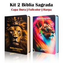 Kit 2 Biblias Sagrada Letra Gigante Luxo Popular - Leão Fortune e Leão Perfil Neon Harpa - RC