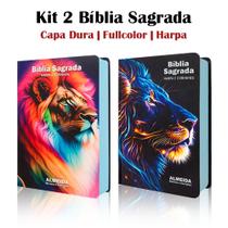 Kit 2 Biblias Sagrada Letra Gigante Luxo Popular - Leão Raio Azul e Leão Perfil Neon Com Harpa - RC