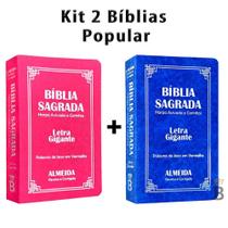 Kit 2 Biblias Sagrada Letra Gigante Luxo Popular - Pink e Azul - Com Harpa - RC