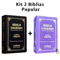 Kit 2 Biblias Sagrada Letra Gigante Luxo Popular - Preta e Lilas- Com Harpa - RC