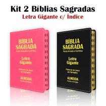 Kit 2 Biblias Sagrada Letra Gigante Luxo Popular - Preta e Pink - Com Harpa