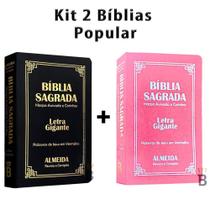 Kit 2 Biblias Sagrada Letra Gigante Luxo Popular - Preto e Rosa Com Harpa - RC