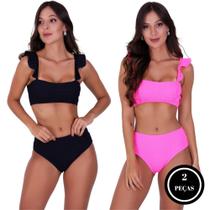Kit 2 Biquini Cropped Com Babado Sem Bojo Calcinha Cintura Alta Verão - c14 KIT 2 DAIANA PRETO PINK