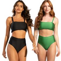 KIT 2 Biquíni Hot Pant Básico Vekyo Top Faixa Cintura Alta Confortavel Moda Praia Feminina