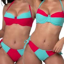 Kit 2 Biquíni Meia Taça Retrô Calcinha Amarra Duo Cores Praia Verão