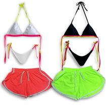 Kit 2 Biquinis Amarração Asa Delta e 2 Short Tactel Neon