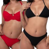 Kit 2 Biquínis Cortininha Canelado e Retrô Meia Taça Calcinha Asa Delta