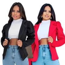 Kit 2 Blazers Feminino Em Alfaiataria Manga Longa Bufante Estilo Princesa Social Acinturado