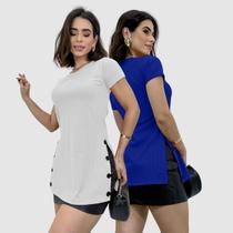 Kit 2 Blusa Blusinha Alongada Manga Curta Canelada Botoes Kit 2 Blusa Blusinha Alongada Manga Curta Canelada Botoes