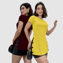Kit 2 Blusa Blusinha Alongada Manga Curta Canelada Botoes