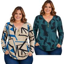 Kit 2 Blusa Casual Manga Longa Estampadas Malha Fria Plus Feminina Kit 2 Blusa Casual Manga Longa Estampadas Malha Fria Plus Feminina