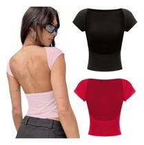Kit 2 Blusa De Costa Aberta Cropped Da Moda Preto E Vermelho
