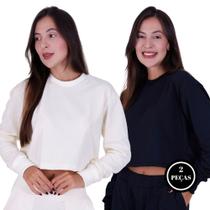 Kit 2 Blusa de Moletom Feminina de Inverno Manga Longa Moletinho - c12 KIT 2 SAMANTA PRETO BRANCO