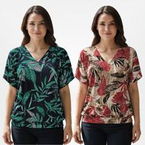 Kit 2 Blusa Feminina Elegante Decote Gola V Manga Morcego Estampada