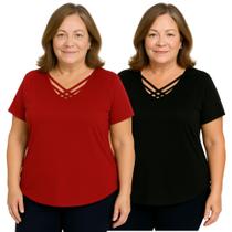 Kit 2 Blusa Feminina Manga Curta Decote V Com Tiras Cruzada