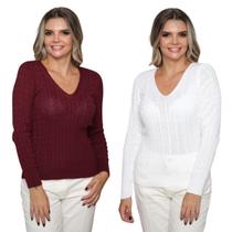 Kit 2 Blusa Feminina Modal Tricot Traças Sueter Casual Frio