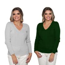 Kit 2 Blusa Feminina Modal Tricot Traças Sueter Casual Frio