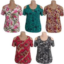 Kit 2 Blusa Feminina Ombro Vazado Malha Fria Estampadas Kit 2 Blusa Feminina Ombro Vazado Malha Fria Estampadas