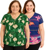 Kit 2 Blusa Feminina Senhoras Plus Confortáveis Malha Fria Estampada