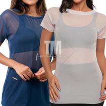 Kit 2 Blusa Feminina Transparente de Tule Manga Curta Camiseta Academia Treino Kit 2 Blusa Feminina Transparente de Tule Manga Curta Camiseta Academia Treino